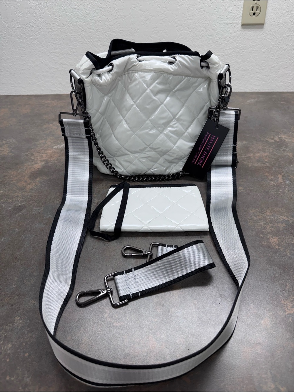 HAUTE SHORE Lindsey White Quilted Bucket Crossbody with Black Trim